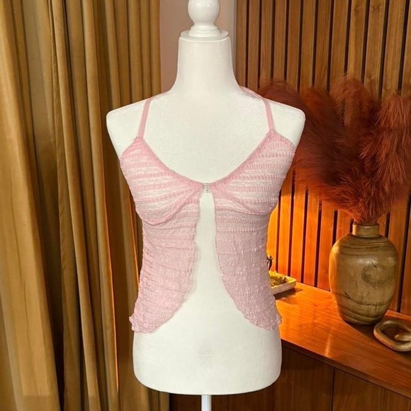 Leg Avenue Tops - 00s Style Leg Avenue Pink Sheer Striped Halter Neck Crop Top Size X-Small